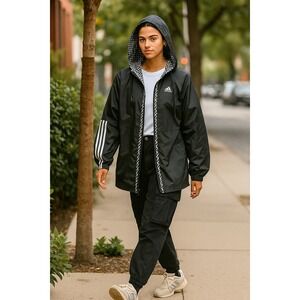 Adidas Black‎ White Gingham Trim Hooded Windbreaker Jacket Women's Size M